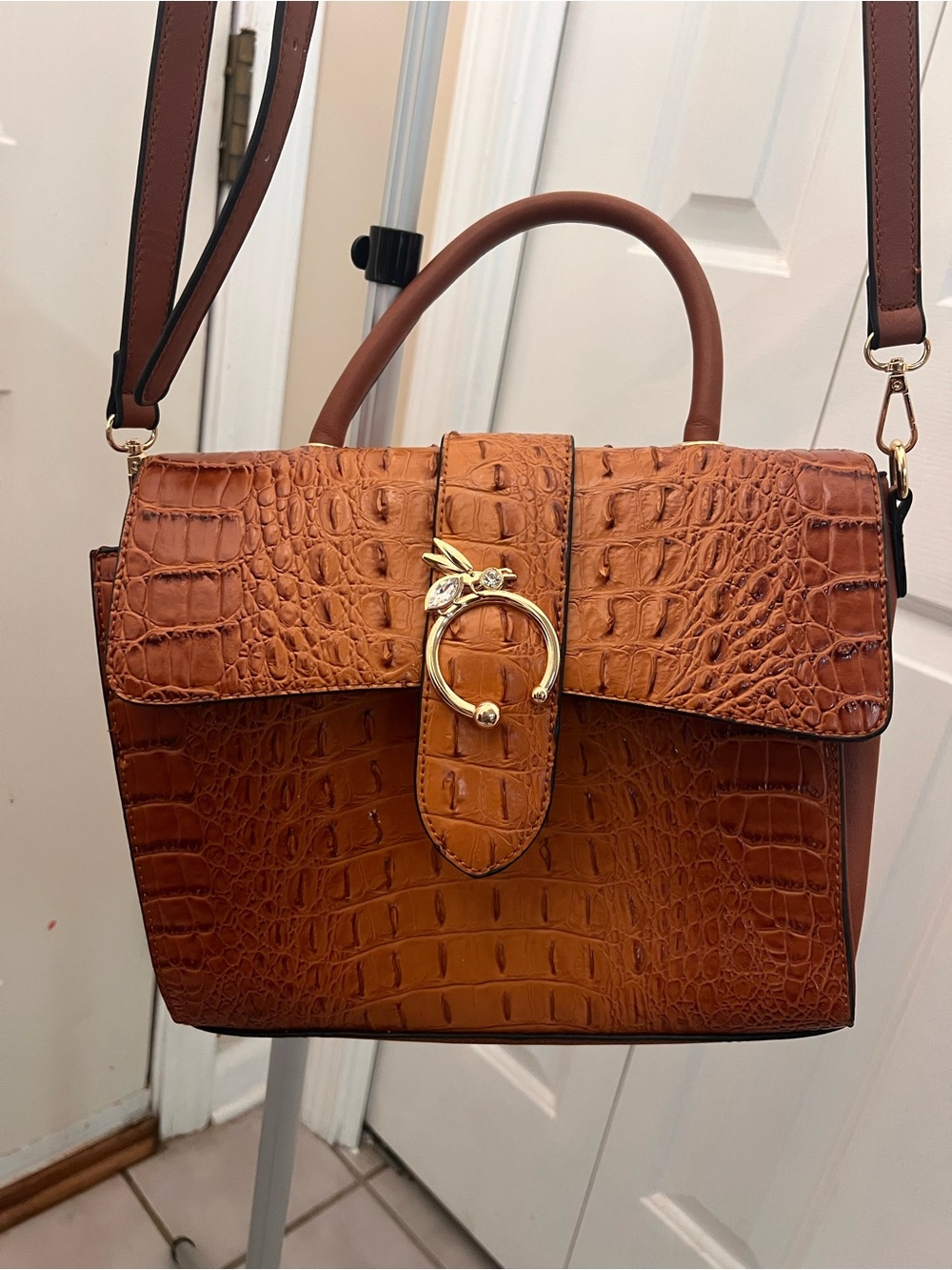 Structured Croc-Embossed Top Handle Bag in Cognac American bee